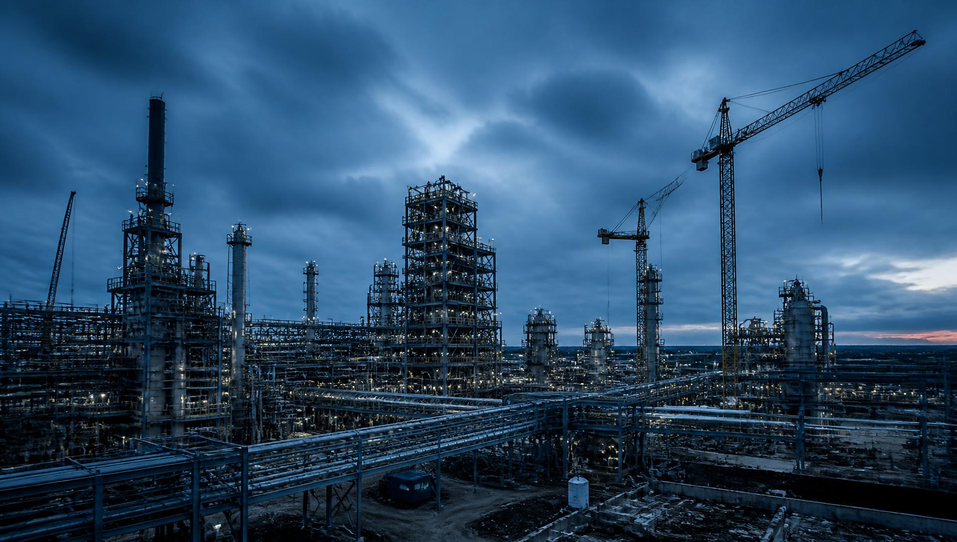 European process plant under construction at blue hour